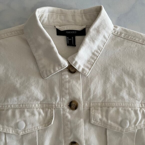 Forever 21 Cream Cropped Button Up Cotton Denim Jacket - Picture 4 of 7